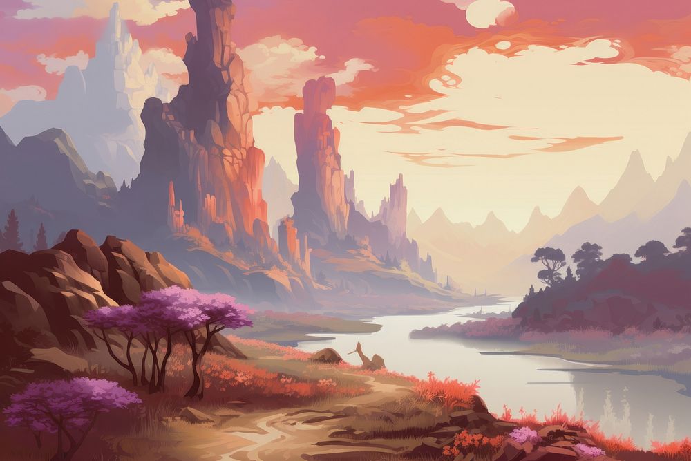 Landscape mountain outdoors painting. AI generated Image by rawpixel.