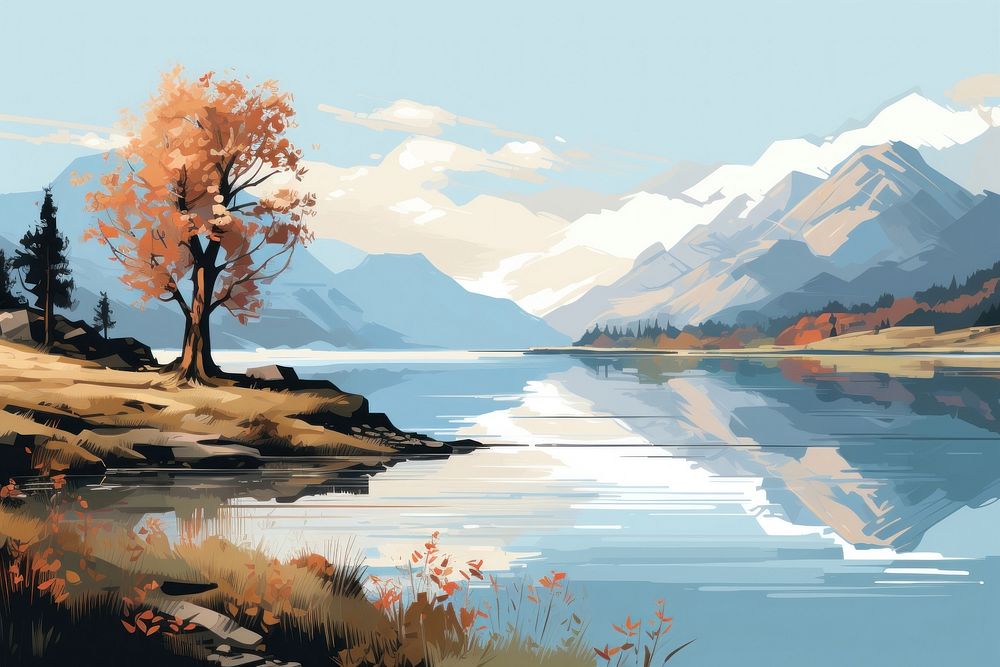 Lake landscape outdoors painting nature. AI generated Image by rawpixel.