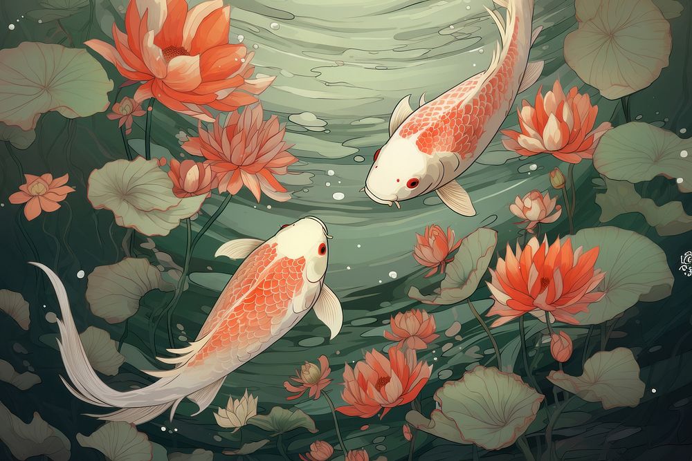 Koi in pond animal fish art. AI generated Image by rawpixel.