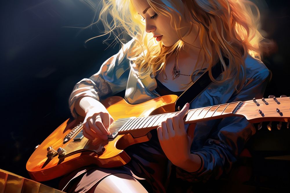 Young girl playing electreic guitar musician adult entertainment. 