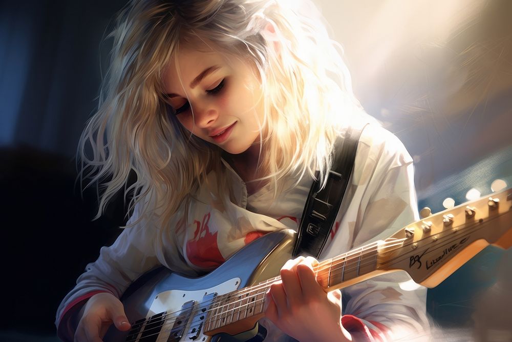 Young girl playing electreic guitar musician entertainment individuality. AI generated Image by rawpixel.