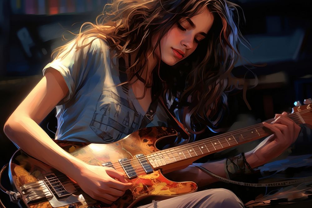 Young girl playing electreic guitar musician performance practicing. AI generated Image by rawpixel.