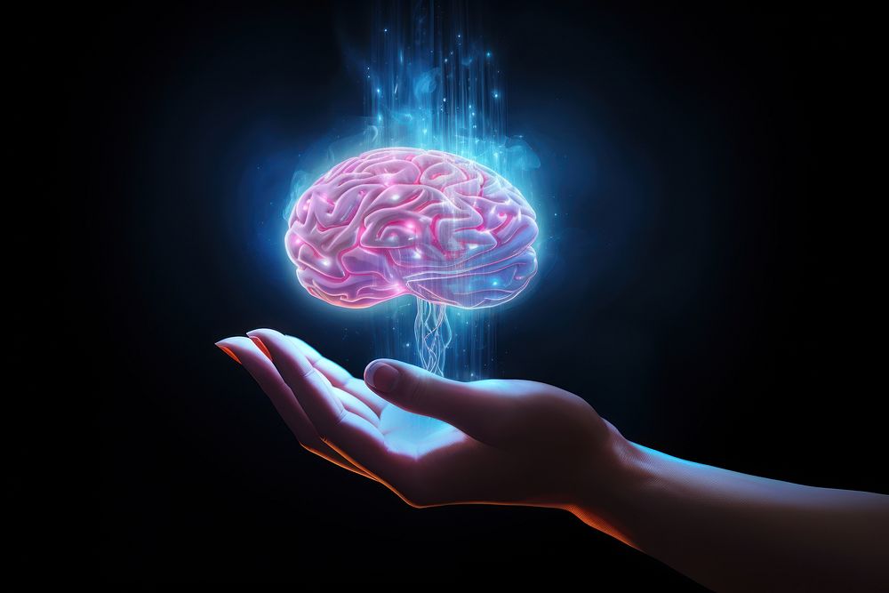 Hand presenting a glowing brain adult invertebrate illuminated. AI generated Image by rawpixel.