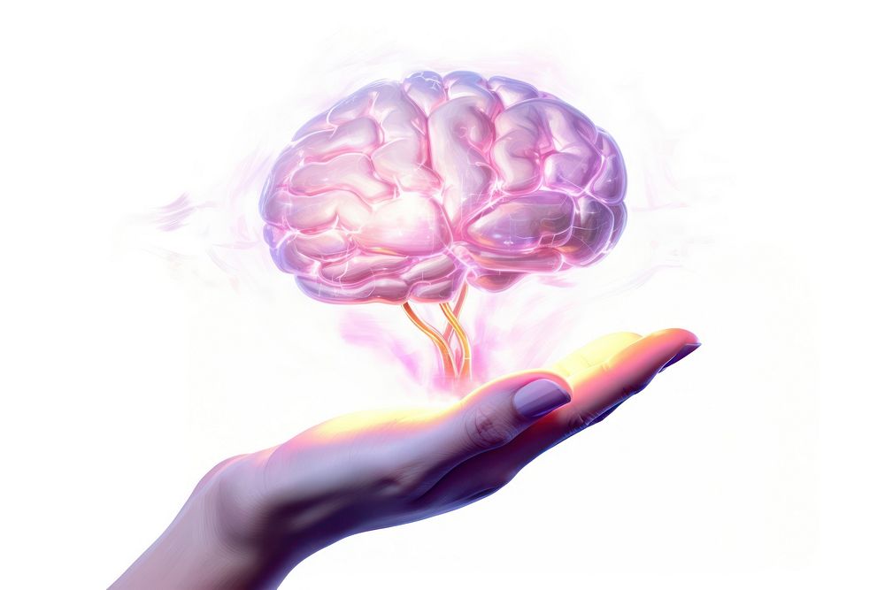 Hand presenting a glowing brain adult white background tomography. AI generated Image by rawpixel.