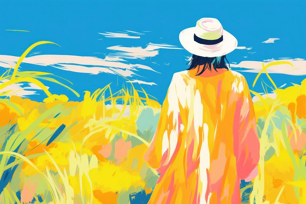 Off-white sky grassland painting outdoors. AI generated Image by rawpixel.
