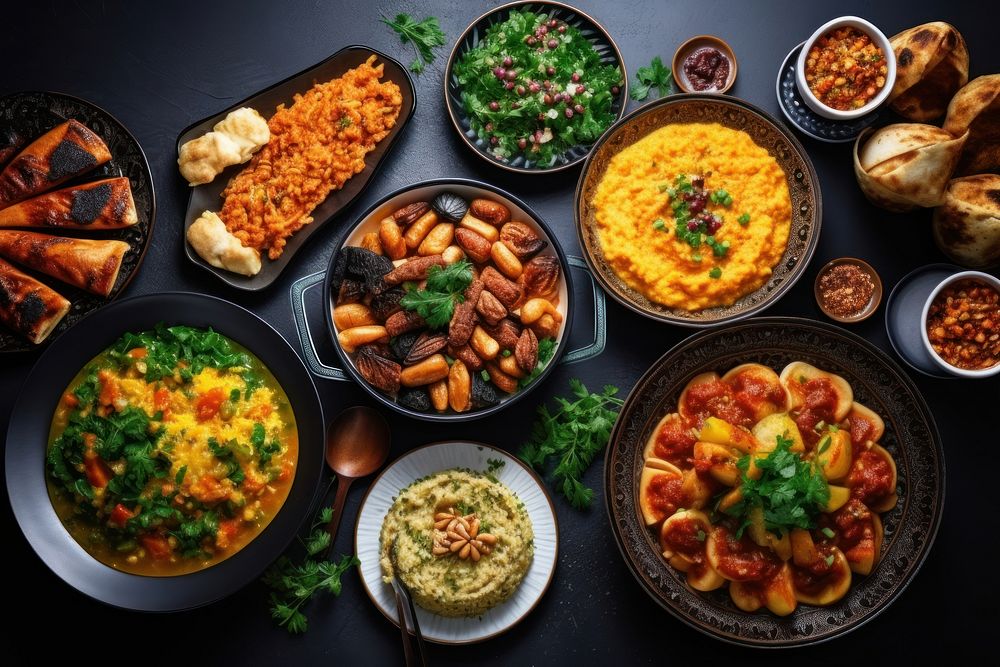 Ramadan kareem Iftar party table plate food. AI generated Image by rawpixel.