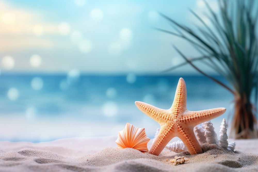 Palm tree on the beach starfish outdoors nature. AI generated Image by rawpixel.