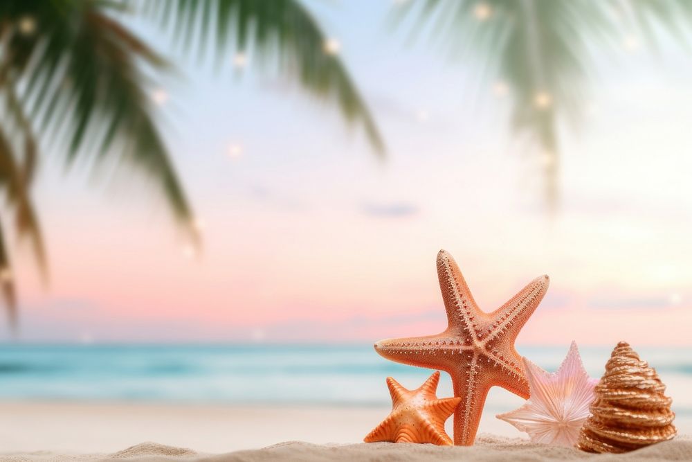 Palm tree on the beach outdoors starfish nature. AI generated Image by rawpixel.