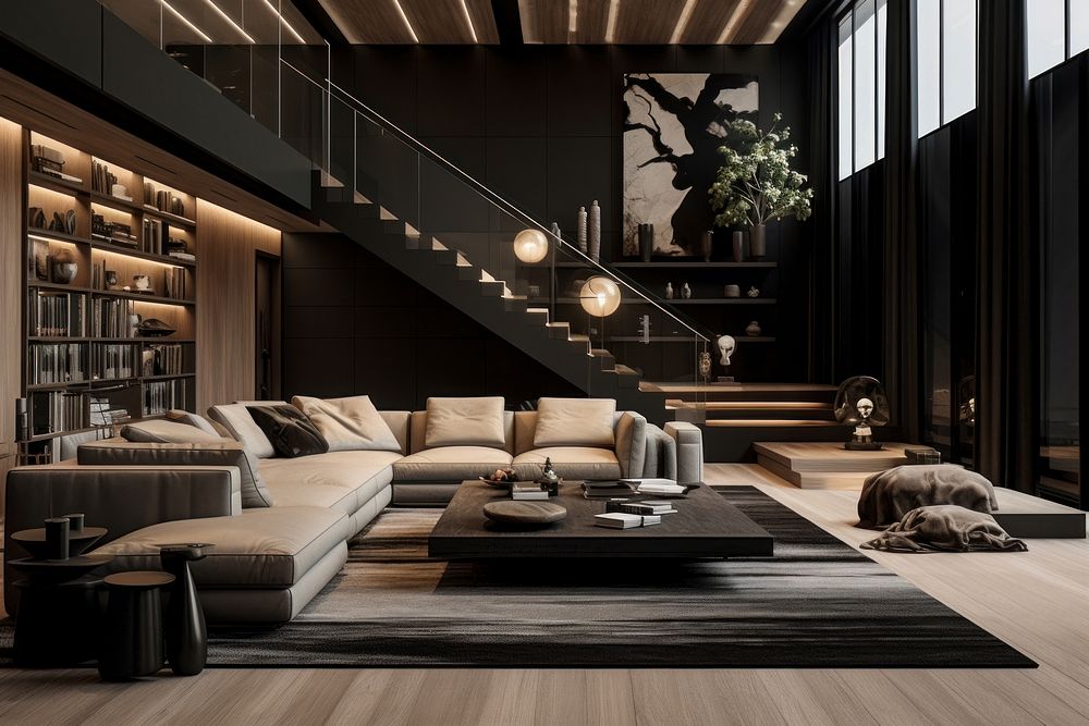 A black living room with light wooden stairs to second floor on the other side of the room architecture furniture building.…