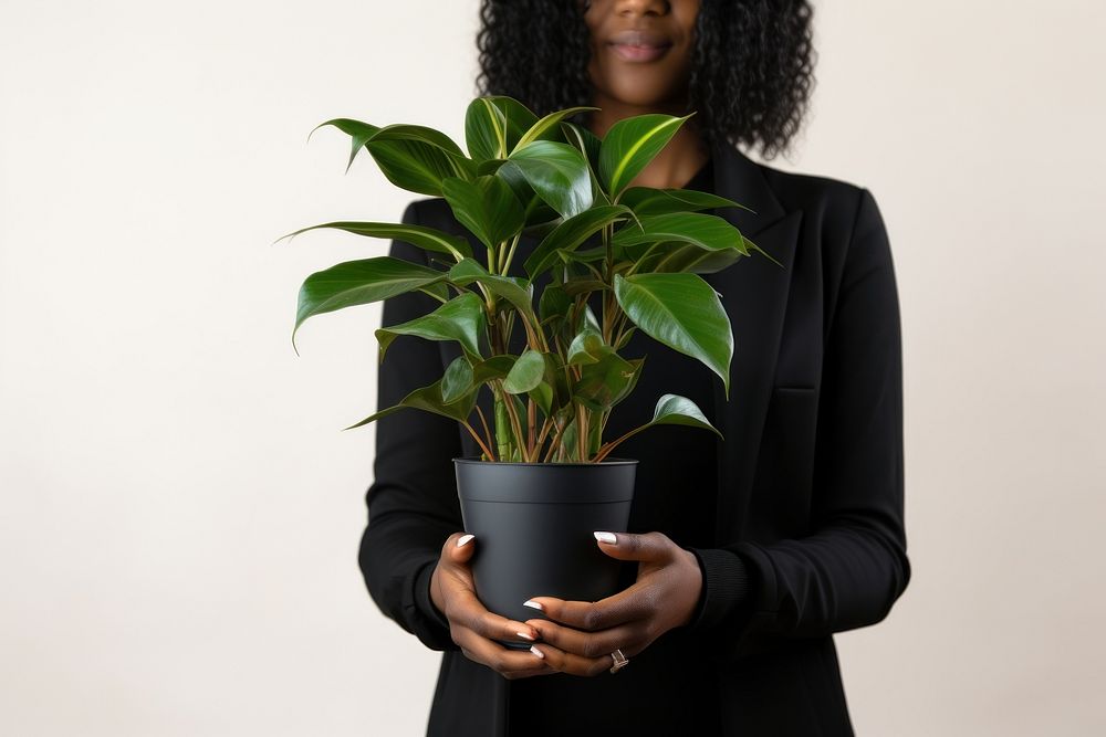 A black woman holding houseplant adult leaf flowerpot. AI generated Image by rawpixel.