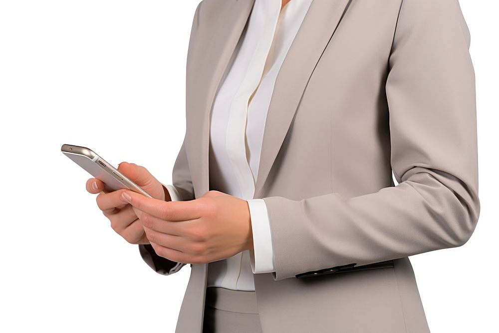 A businesswoman using smartphone adult white background portability. AI generated Image by rawpixel.