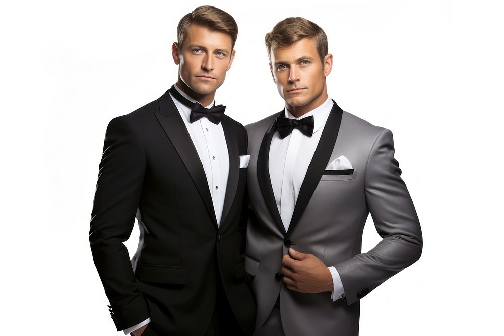 A gay couple in wedding suits tuxedo adult white background. AI generated Image by rawpixel.