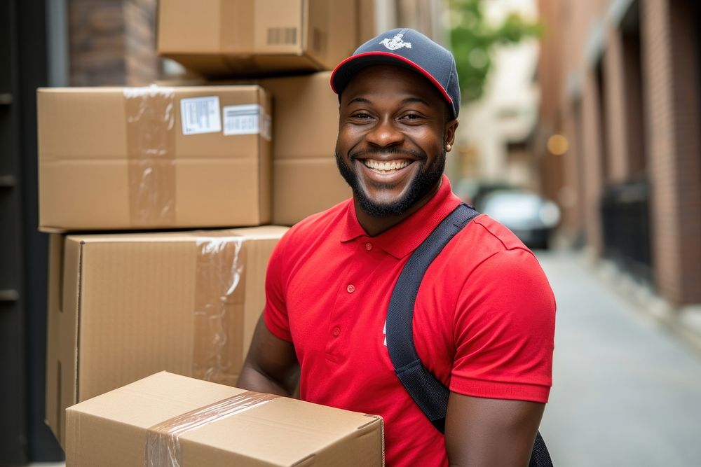 Delivery man holding packages cardboard adult box. AI generated Image by rawpixel.