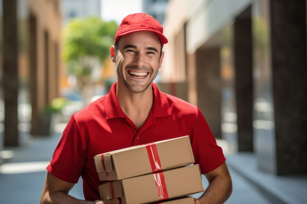 Delivery man holding packages cardboard box architecture. AI generated Image by rawpixel.