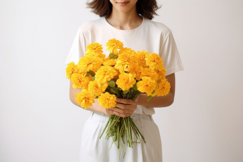 A happy woman holding yellow flower bouquet sleeve plant adult. AI generated Image by rawpixel.