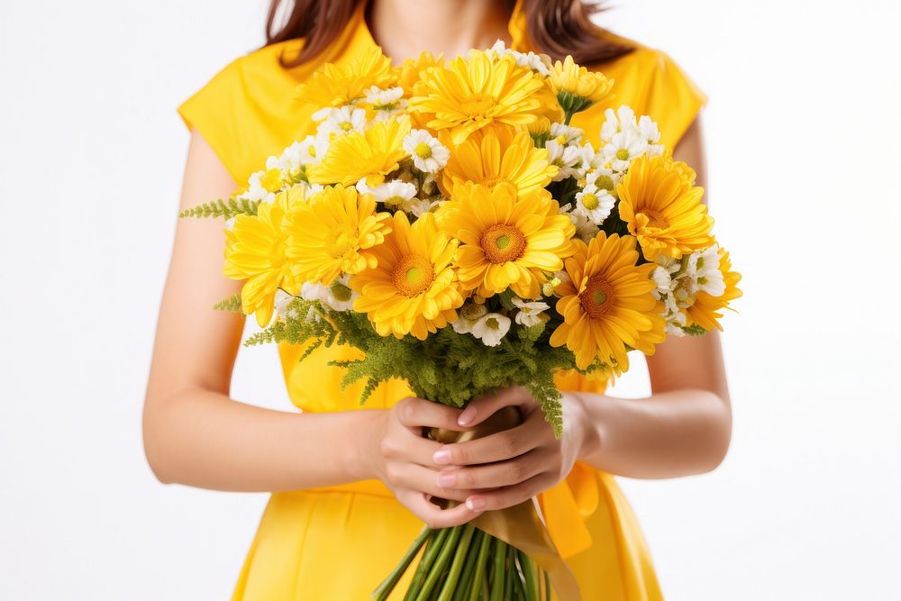 A happy woman holding yellow flower bouquet sunflower plant white background. AI generated Image by rawpixel.