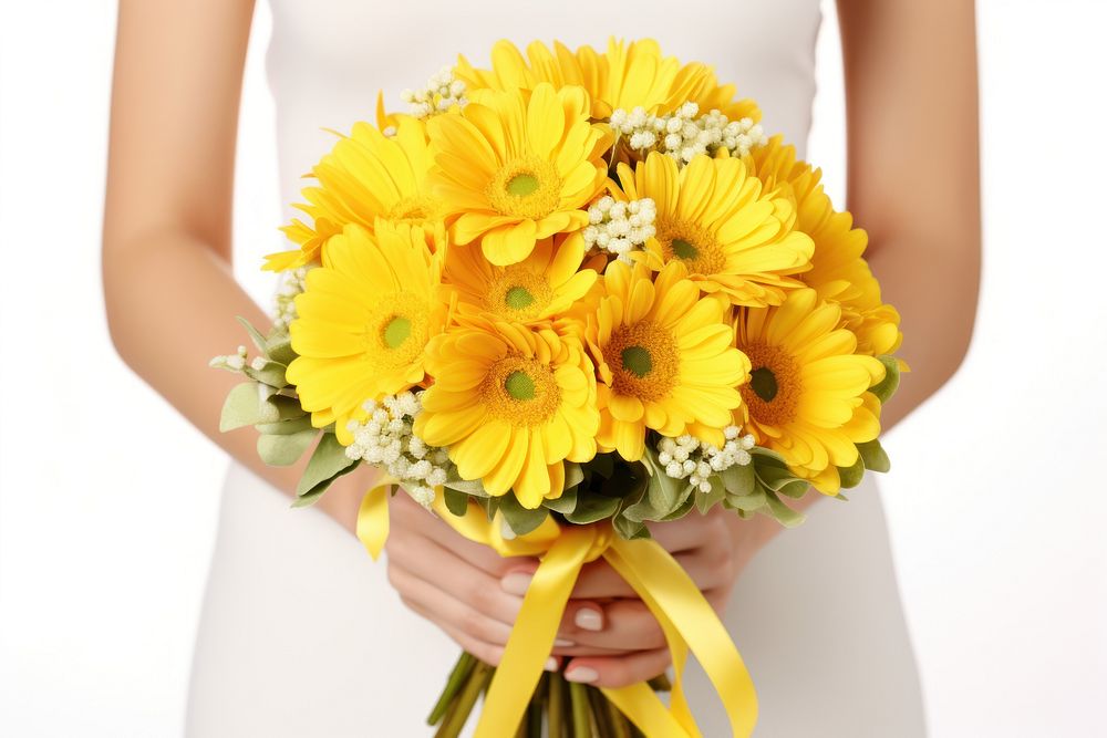 A happy woman holding yellow flower bouquet sunflower petal plant. AI generated Image by rawpixel.