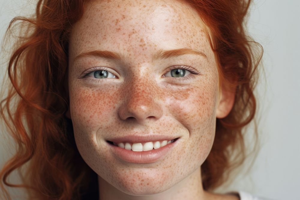A happy woman with freckles on her face skin hairstyle happiness. AI generated Image by rawpixel.
