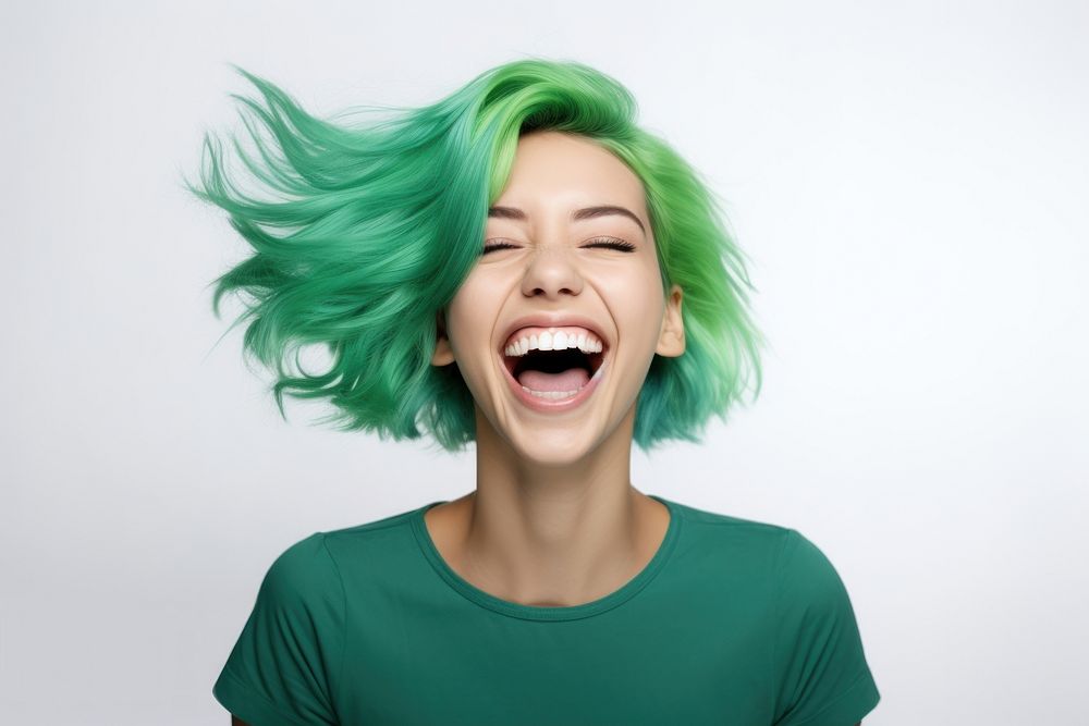 A happy woman with green hair laughing adult white background. AI generated Image by rawpixel.