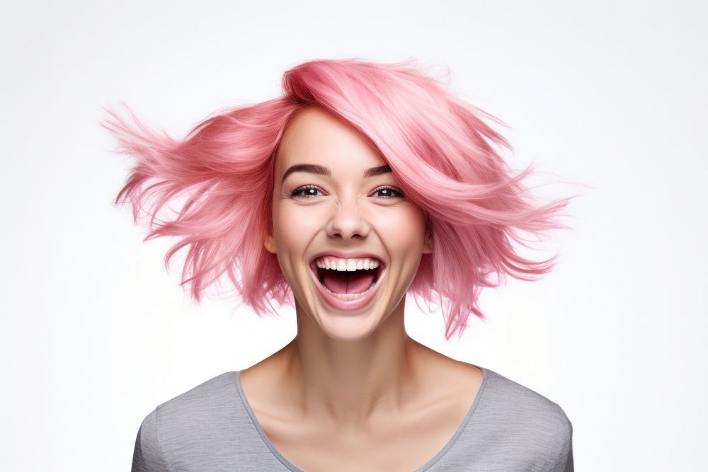 A happy woman with pink hair adult white background individuality. AI generated Image by rawpixel.