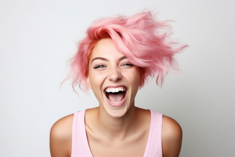 A happy woman with pink hair shouting laughing adult. AI generated Image by rawpixel.