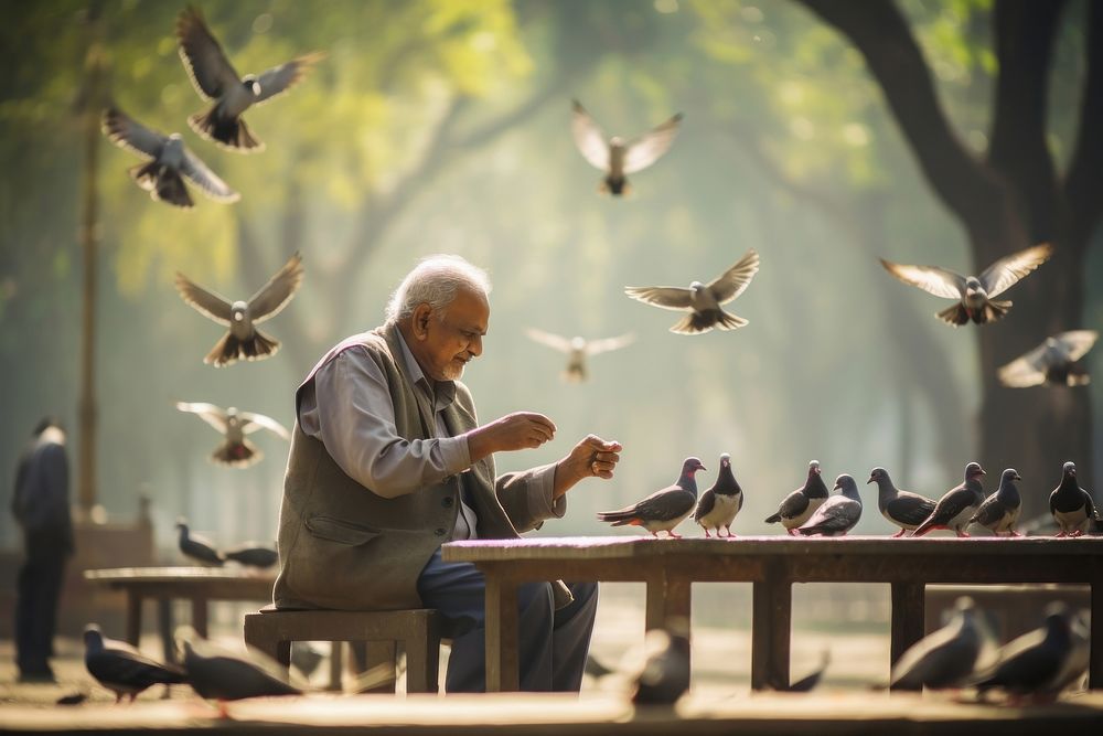 Indian senior man bird sitting pigeon. AI generated Image by rawpixel.