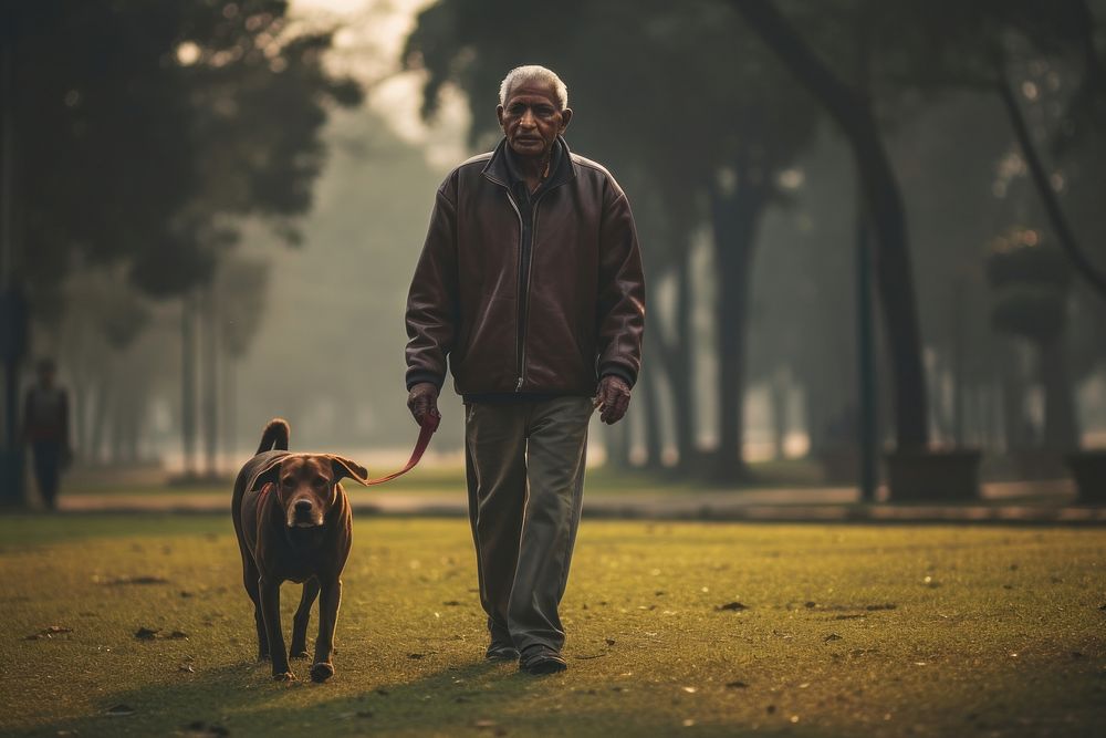 Indian man walking dog mammal. AI generated Image by rawpixel.