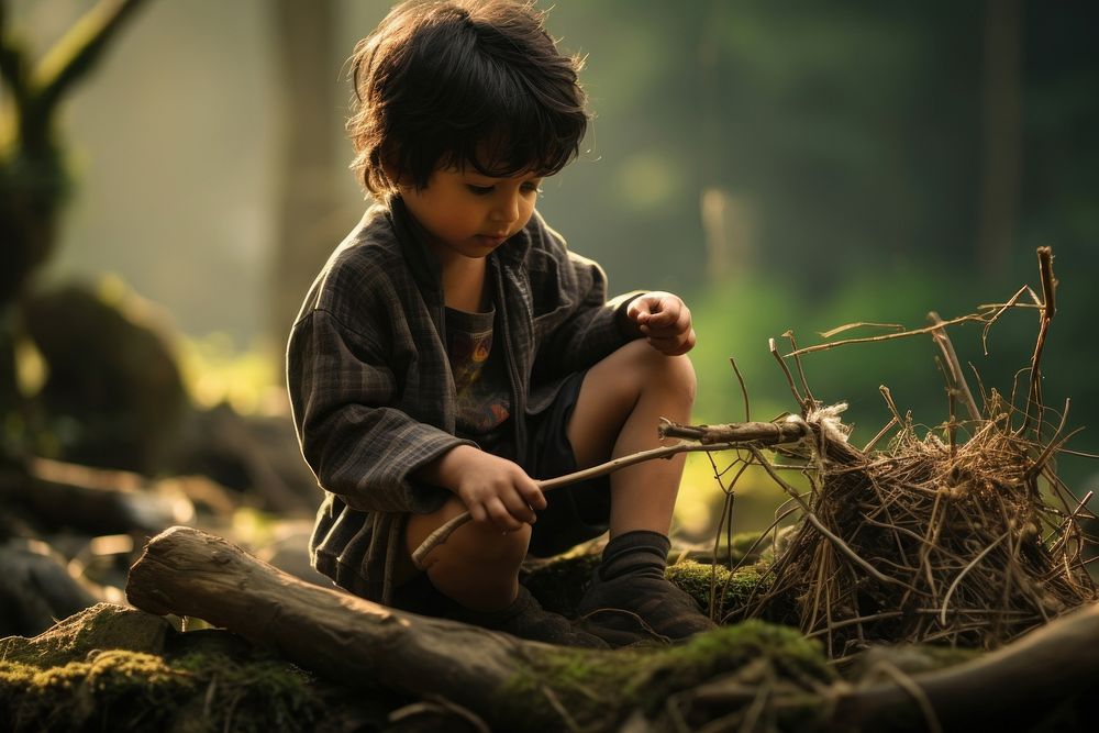 Nepalese child outdoors portrait sitting. AI generated Image by rawpixel.