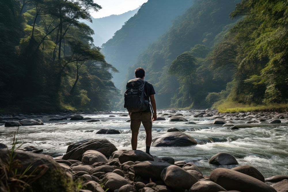 Nepalese adult male nature backpacking adventure. AI generated Image by rawpixel.