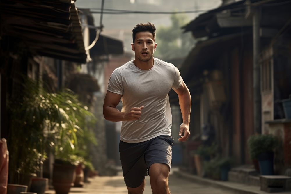 Nepalese adult man jogging running shorts. AI generated Image by rawpixel.