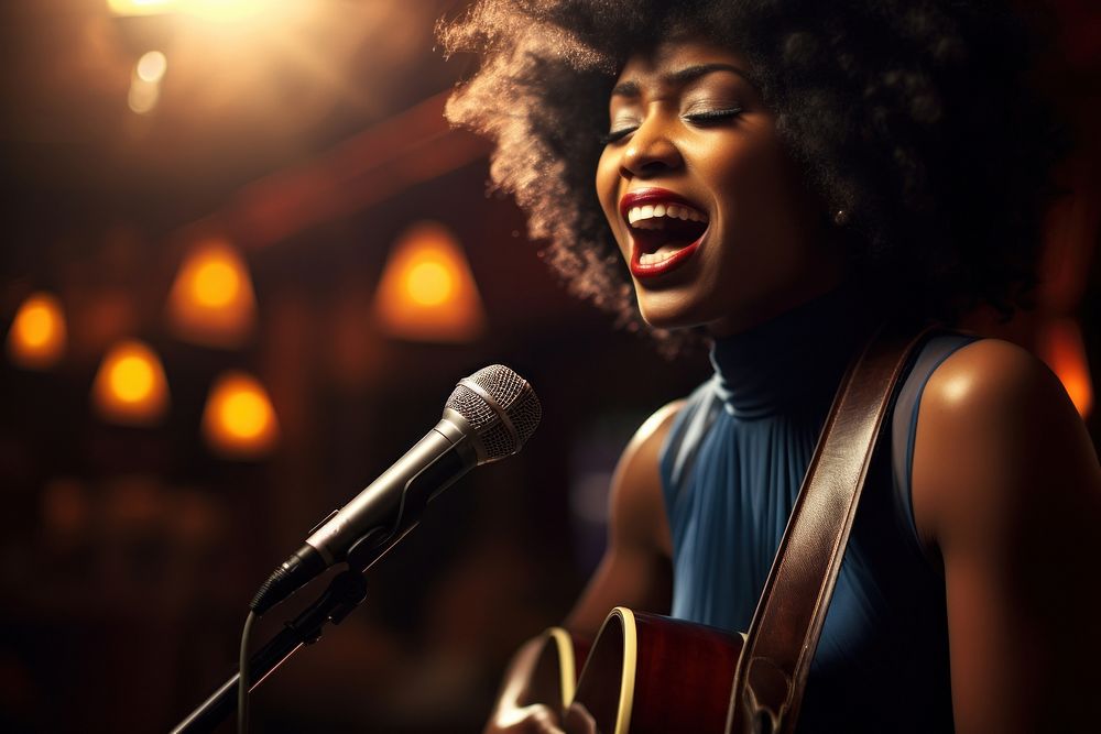 South African woman singer microphone musician guitar. AI generated Image by rawpixel.