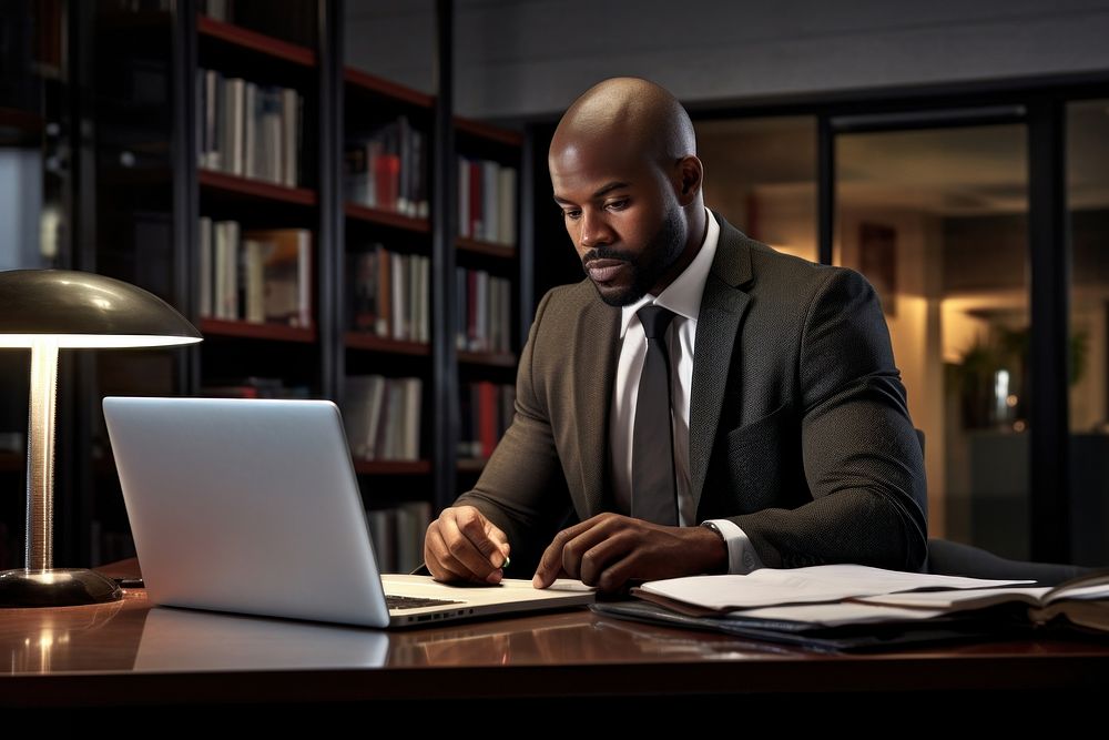 South African businessman using a computer sitting laptop office. AI generated Image by rawpixel.