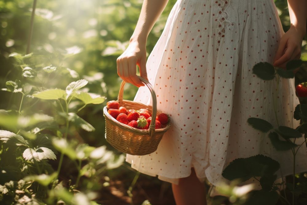 Picking strawberries while in the garden nature gardening outdoors. AI generated Image by rawpixel.