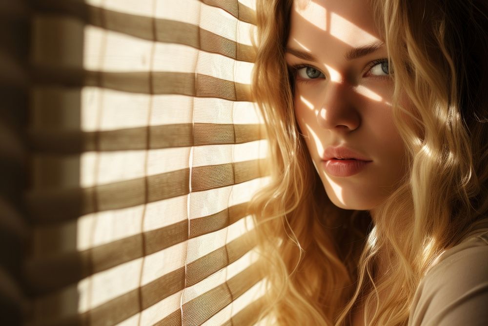 Woman sneakily looking out the window through the blinds portrait adult photo. AI generated Image by rawpixel.