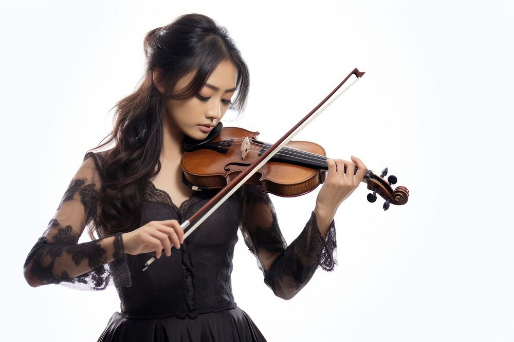 An Asian woman playing violin musician adult white background. AI generated Image by rawpixel.