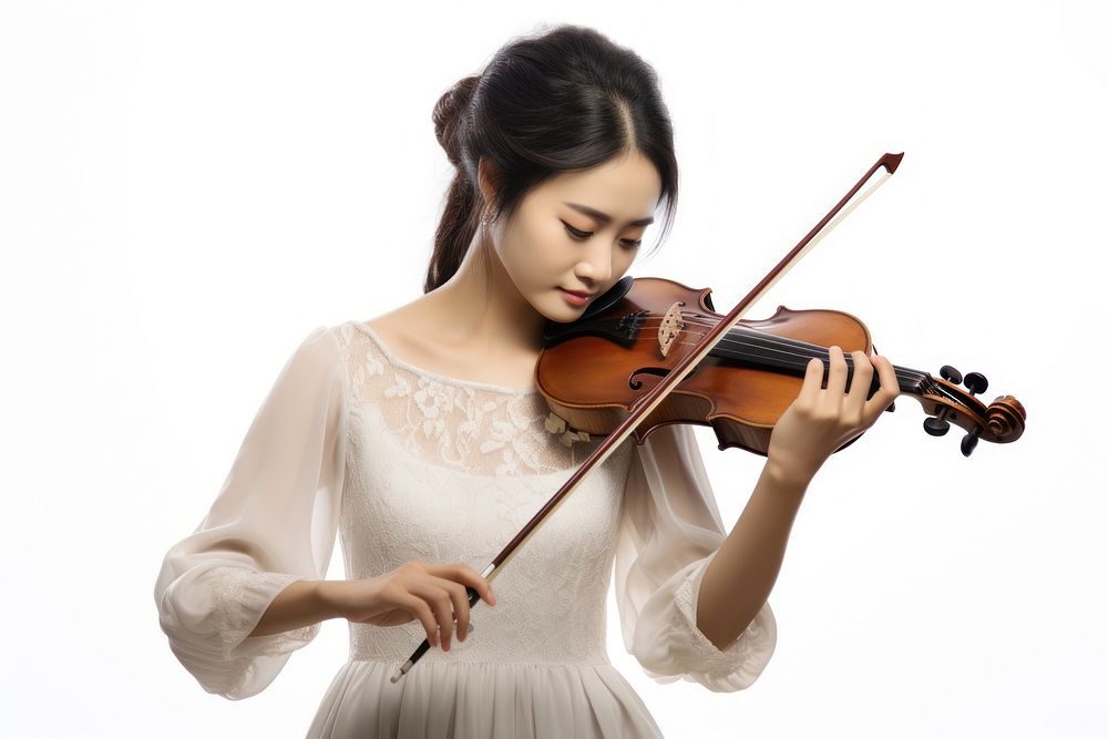 An Asian woman playing violin musician adult white background. AI generated Image by rawpixel.
