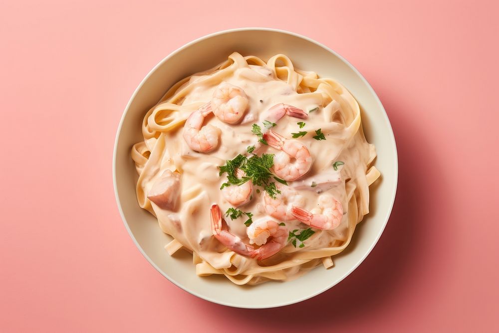 Creamy shrimp alfredo pastp seafood plate meal. AI generated Image by rawpixel.