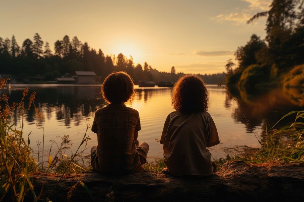 Two kids looking at the lake with the water out back outdoors nature summer. AI generated Image by rawpixel.
