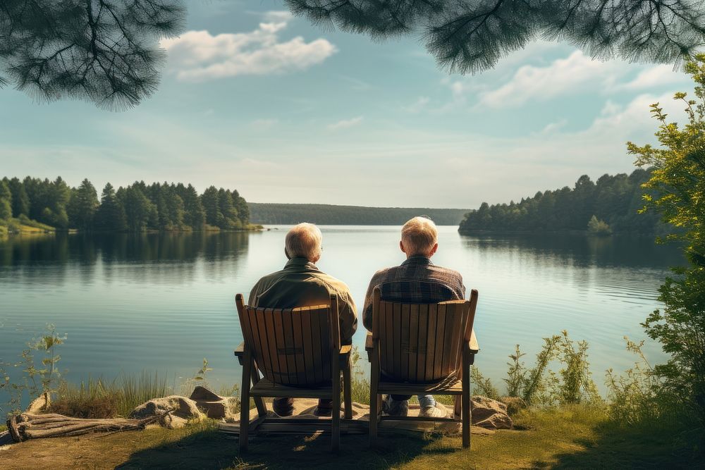 Two old man looking at the lake with the water out back outdoors nature summer. AI generated Image by rawpixel.