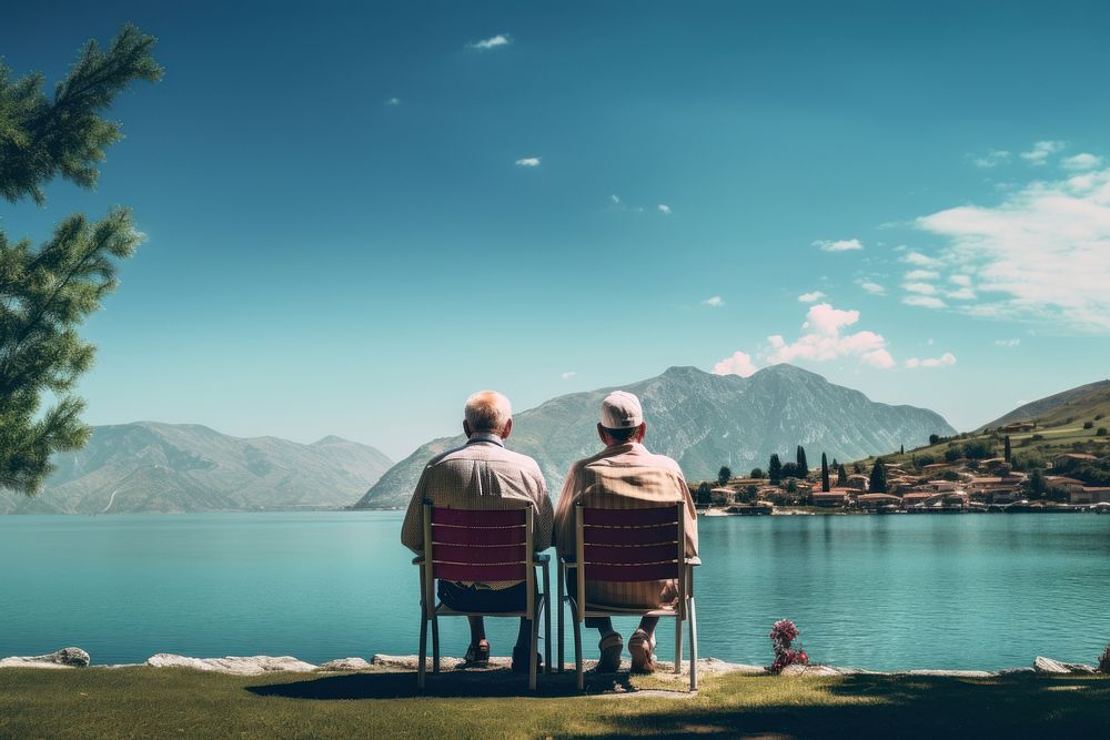 Two old man looking at the lake with the water out back landscape outdoors vacation. AI generated Image by rawpixel.