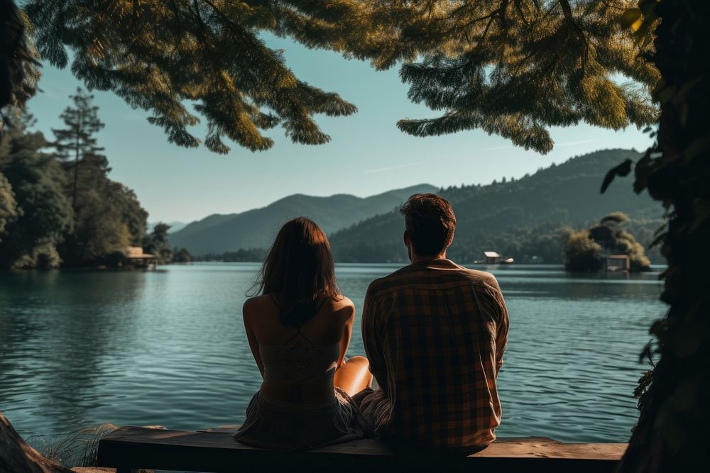 Two person looking at the lake with the water out back outdoors vacation nature. AI generated Image by rawpixel.