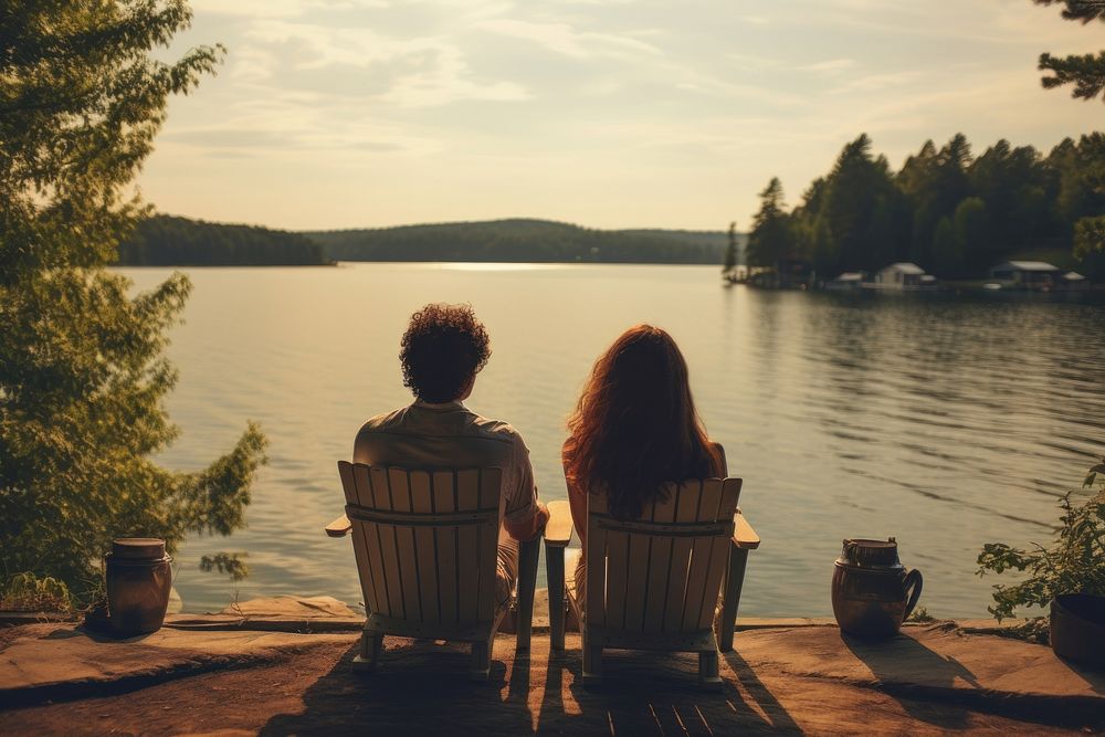 Two person looking at the lake with the water out back summer outdoors nature. AI generated Image by rawpixel.