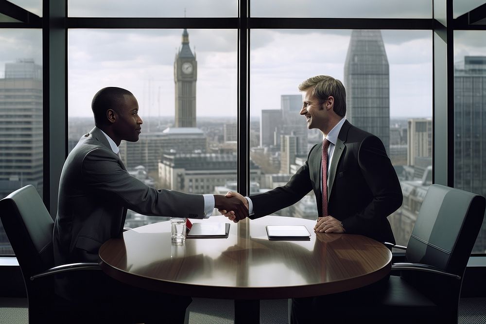 South African businessmen shaking hands with each other architecture building meeting. AI generated Image by rawpixel.