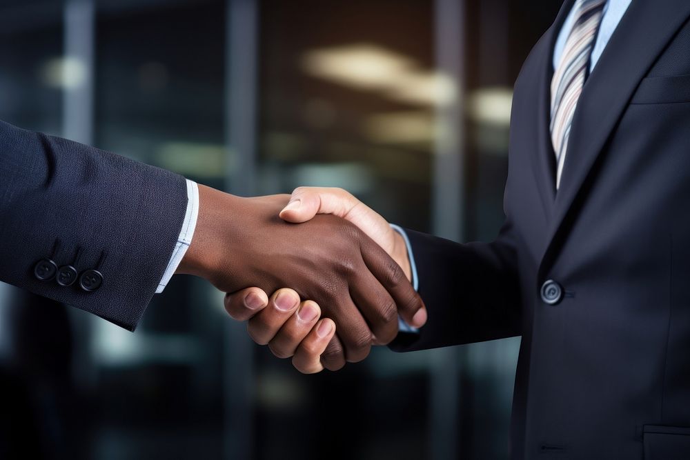 South African businessmen shaking hands with each other handshake black accessories. AI generated Image by rawpixel.