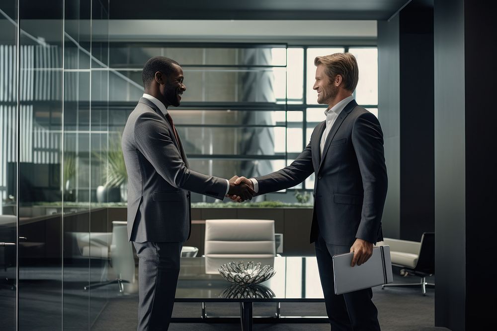 South African businessmen shaking hands with each other meeting adult togetherness. AI generated Image by rawpixel.