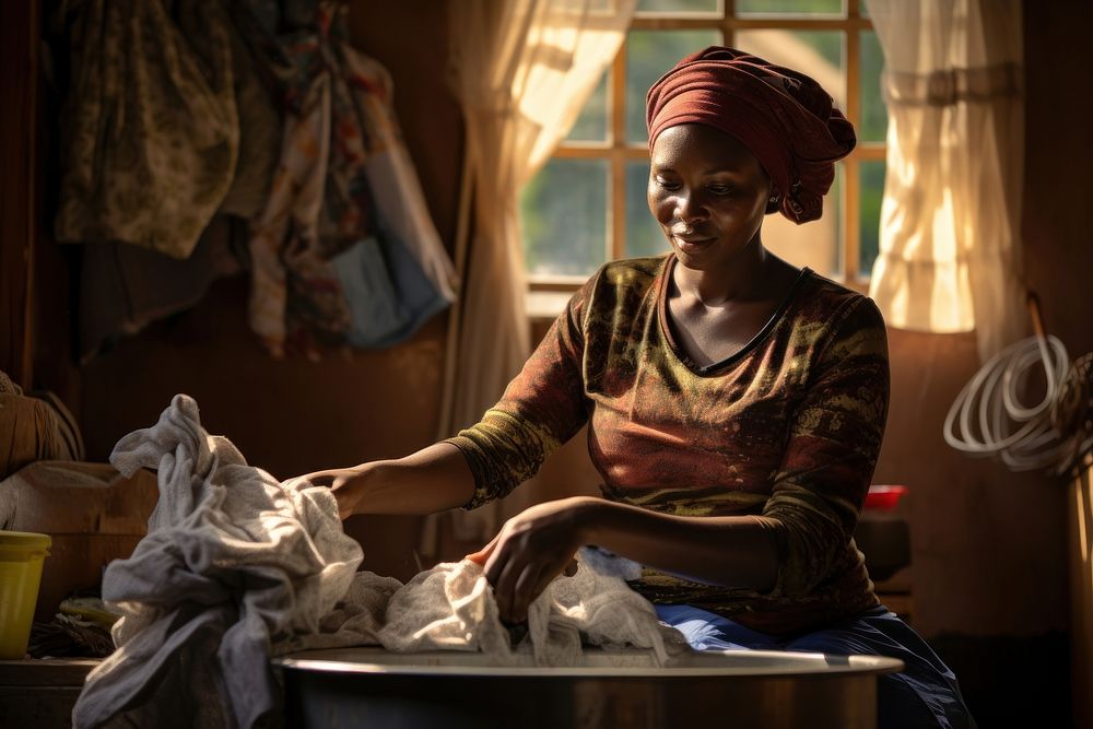 Kenyan woman doing her laundry headscarf portrait poverty. 