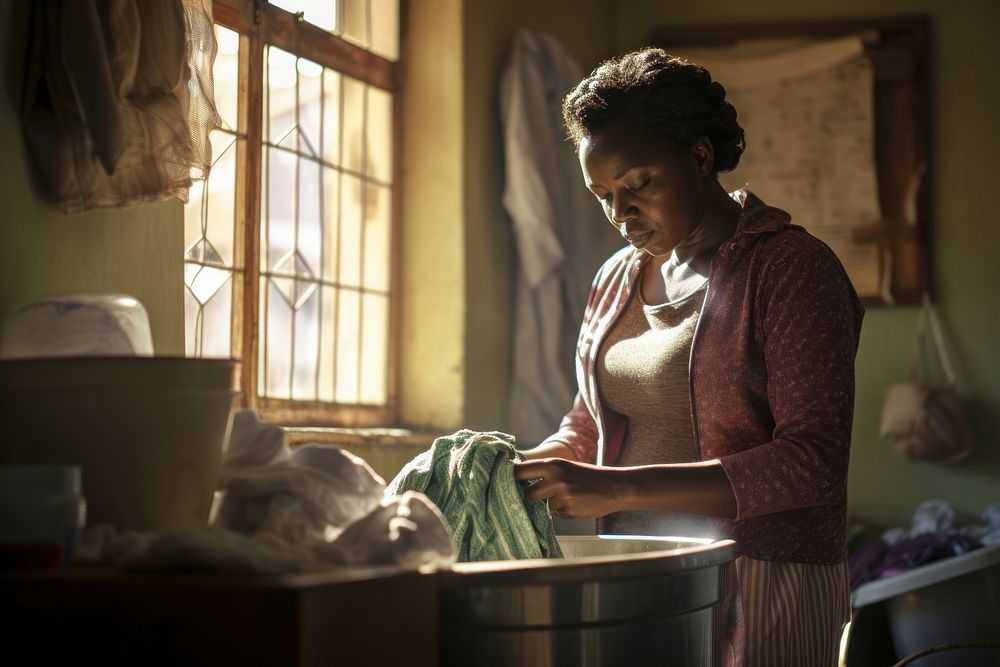 Kenyan woman doing her laundry adult home architecture. AI generated Image by rawpixel.