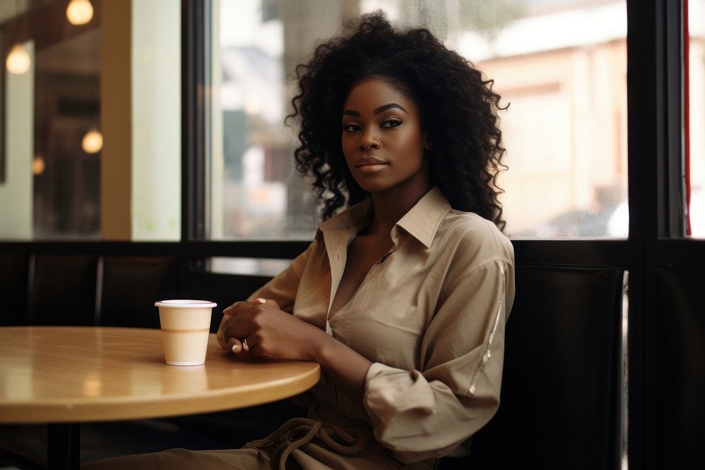 Nigerian woman sitting cup coffee. AI generated Image by rawpixel.