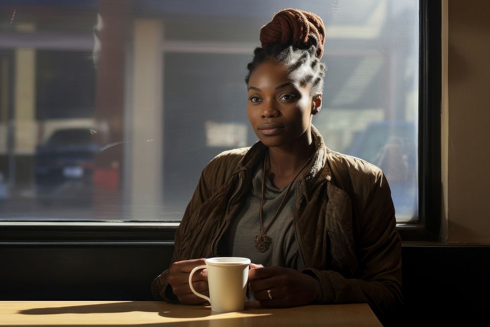 Nigerian woman sitting coffee cup. AI generated Image by rawpixel.