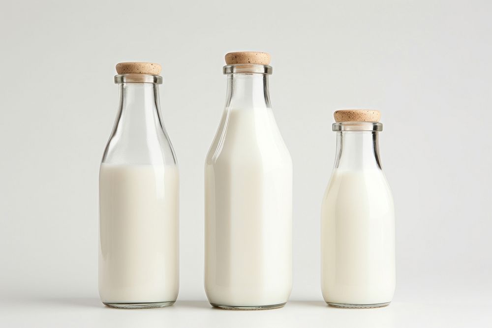 Three milk bottles of different heights dairy drink glass. AI generated Image by rawpixel.